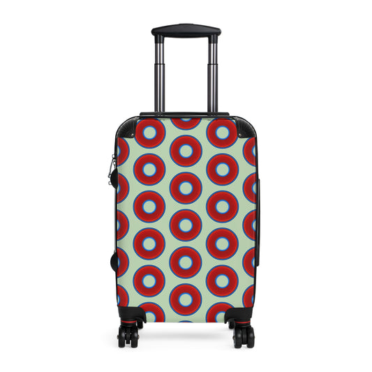 The Very Lumpy Donut Suitcase series - your choice of S, M or L - vivid red donut print w/seafoam background