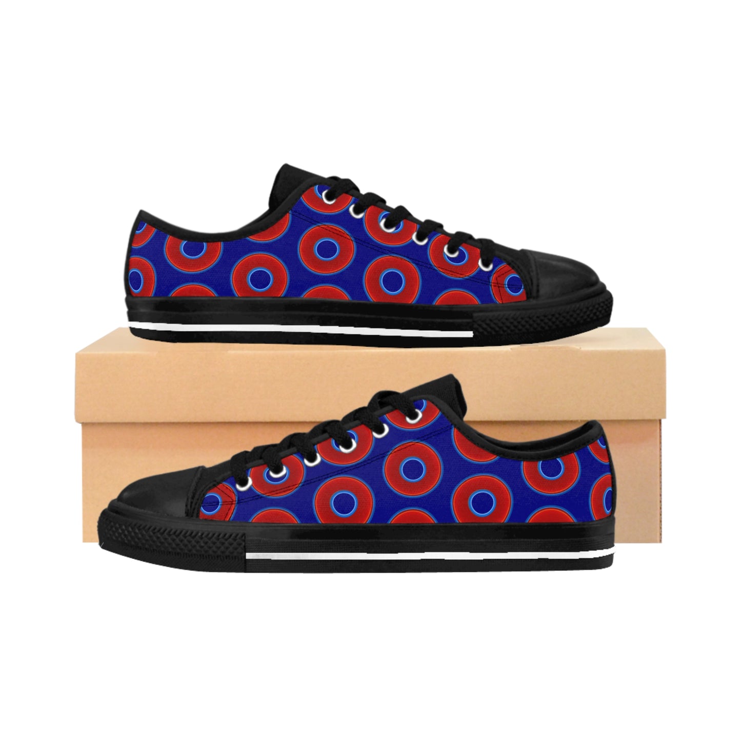 Women's Cushiony Convectors - Low Top - large red vivid donut print w/vivid navy blue background