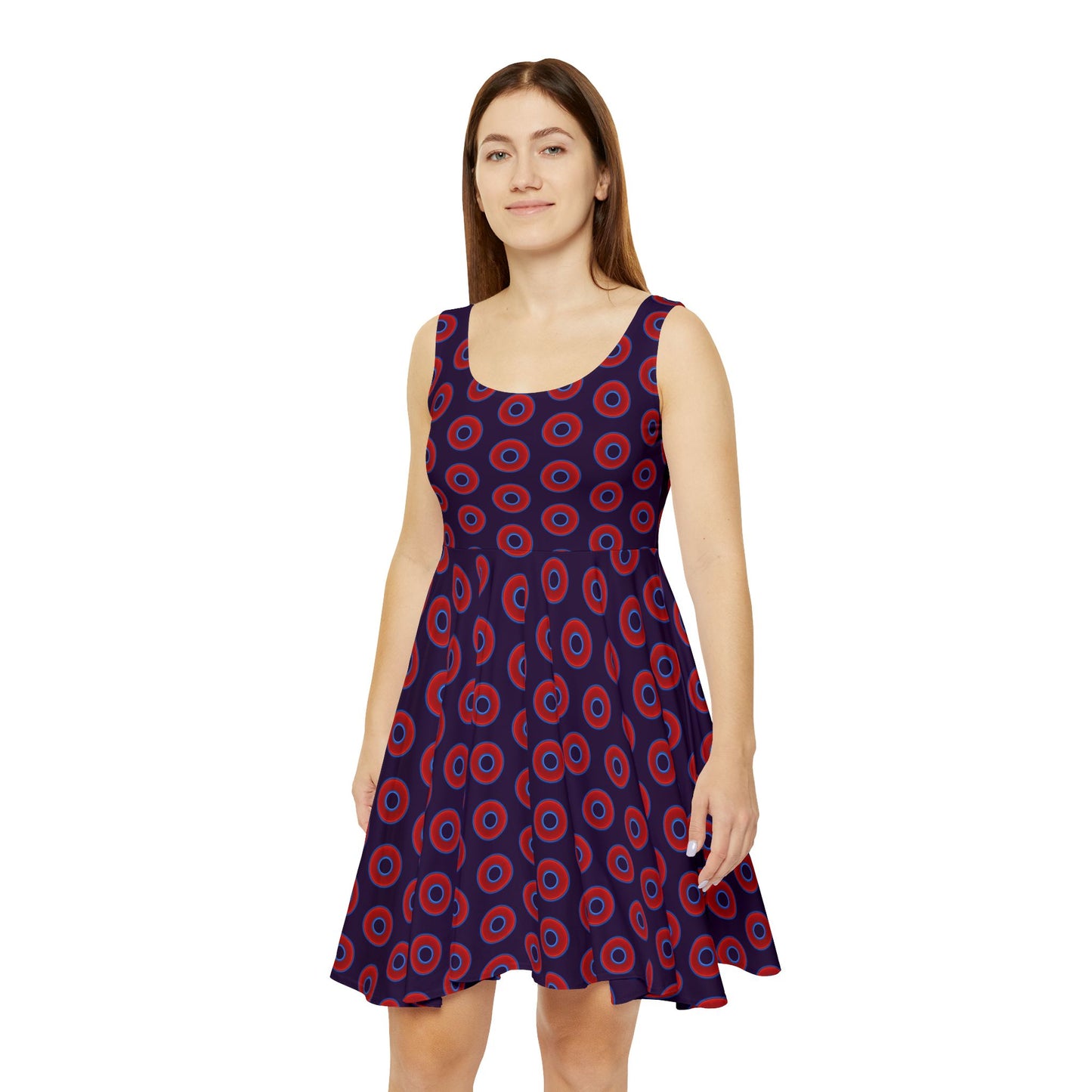Women's Skater Donut Dress - vivid red donut print w/midnight purple background