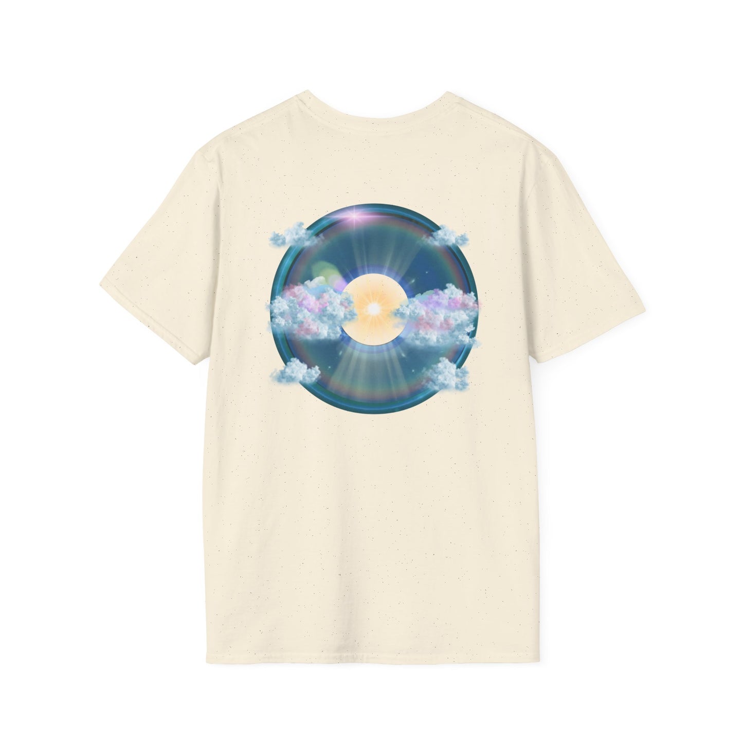 Classic Donut Tee - Unisex Soft-Style - "The Divided Donut" - variant 2 - blue donut  w/hole & sun [*50% to The Divided Sky Foundation]