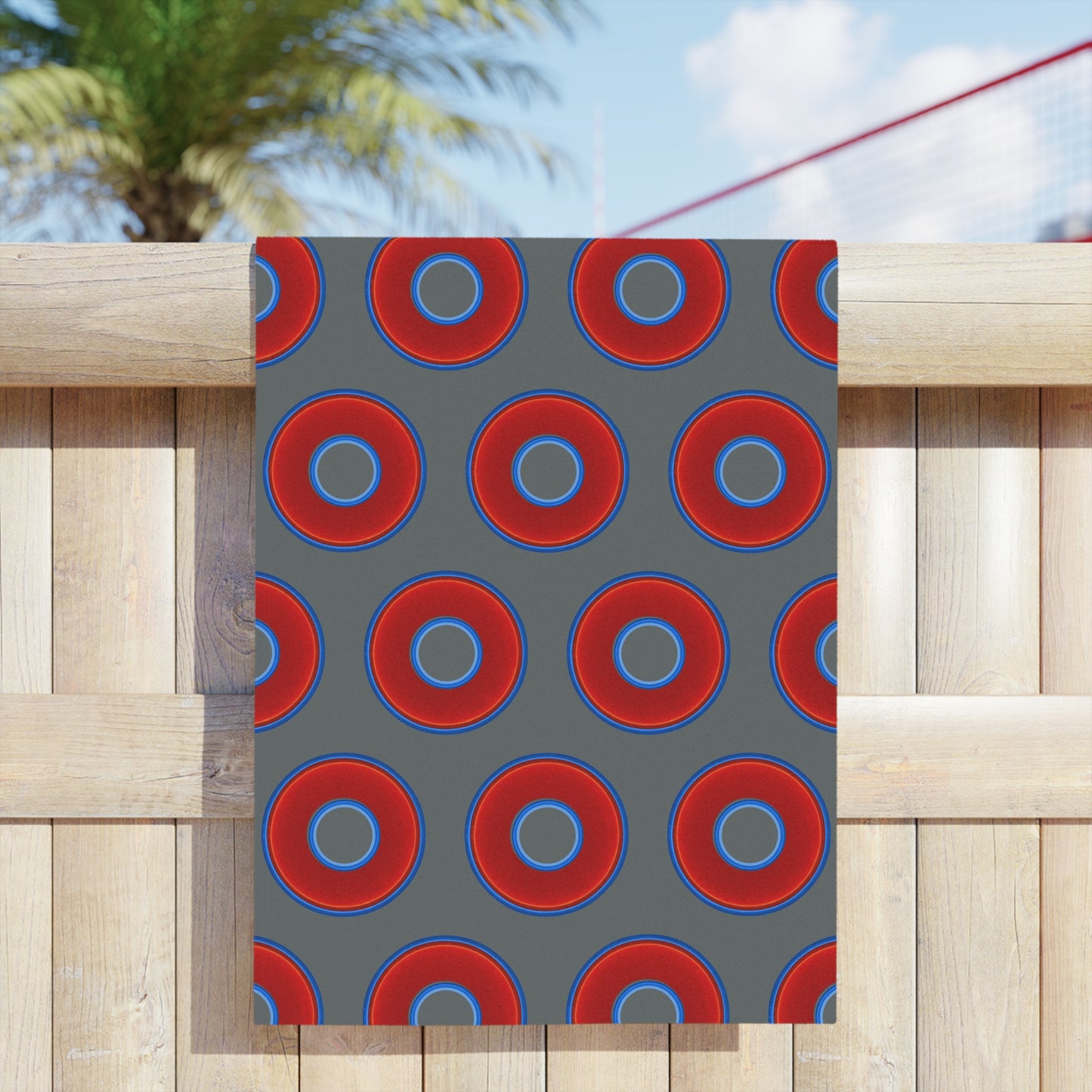 Lumpy Donut Towels - vivid red donuts w/dark gray background