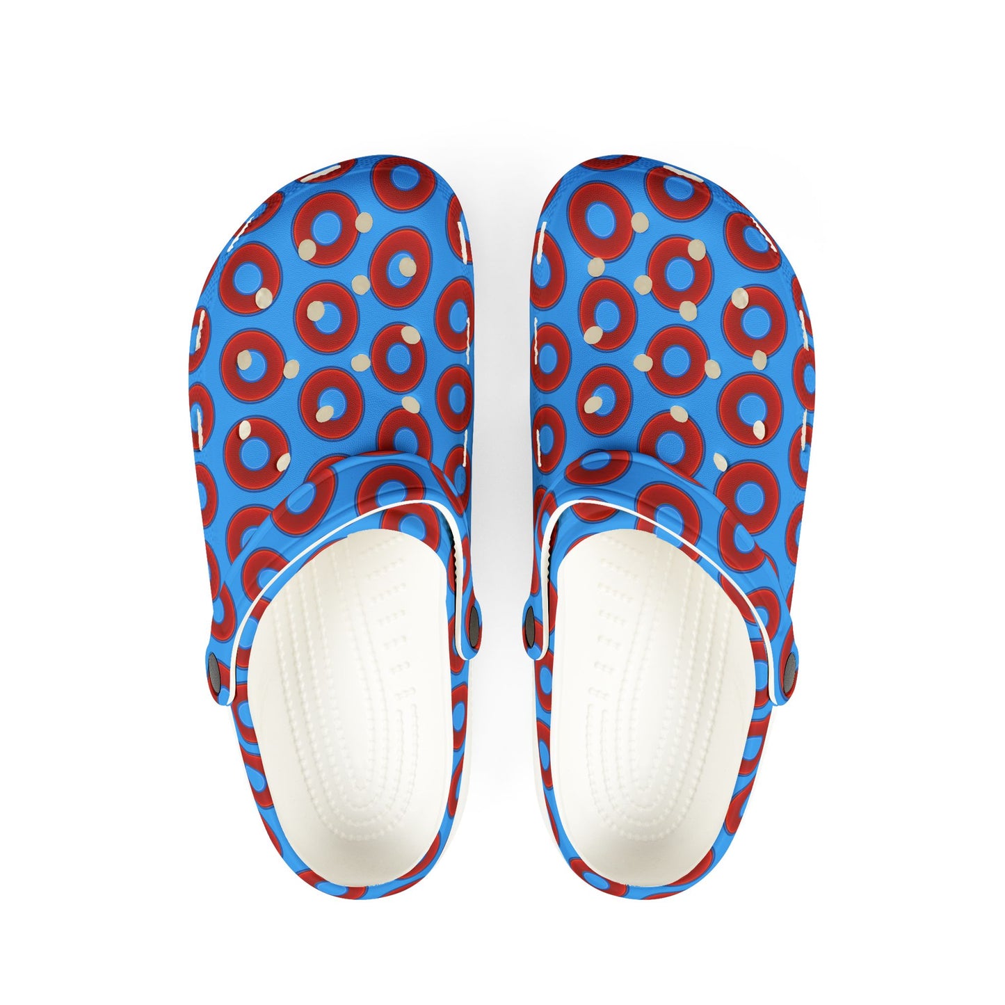 Spatchcocks - donut slip-on shoes - vivid red donuts w/sky royal blue background [unisex]