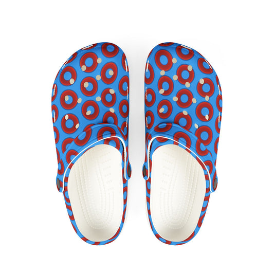 Spatchcocks - donut slip-on shoes - vivid red donuts w/sky royal blue background [unisex]