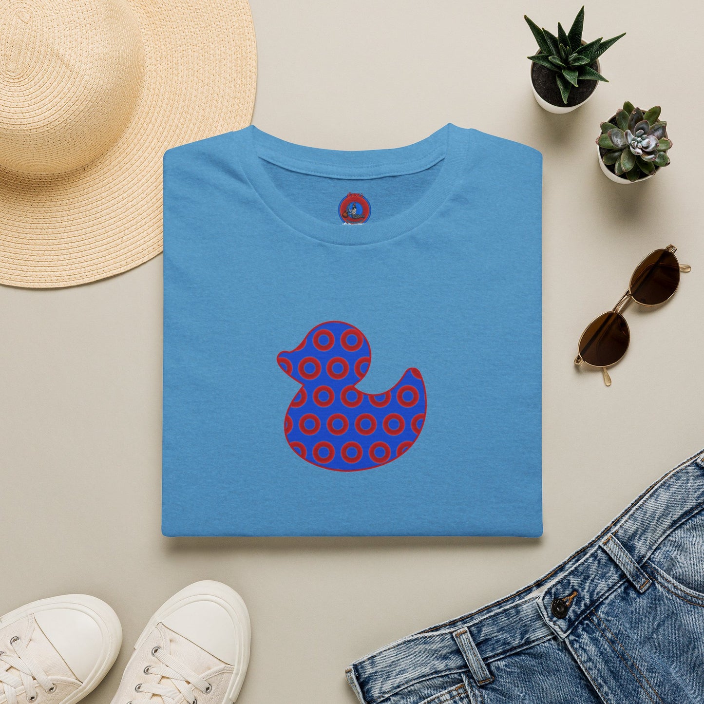 Classic Donut Tee - Unisex Soft-Style - "Rubber Ducky Bath Time Donut" - vivid red/blue donut pattern - variant 3