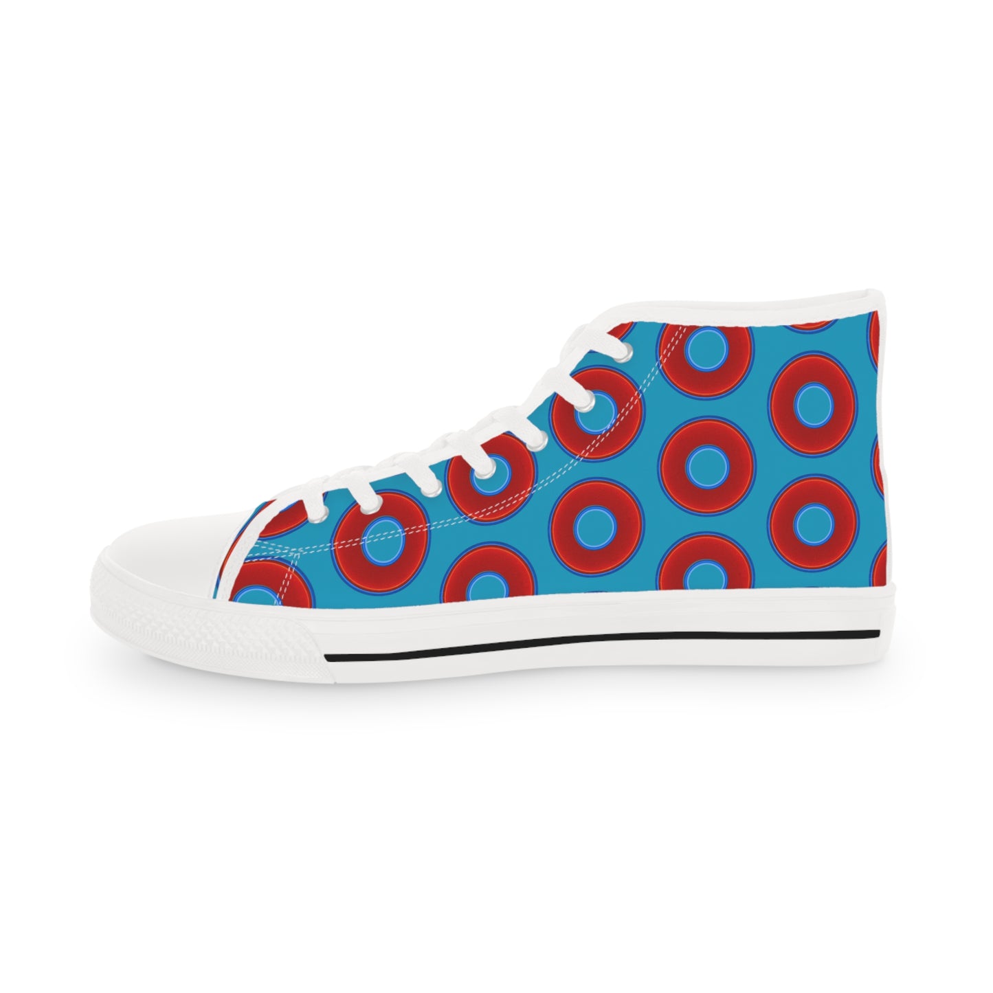 Men's High Top Chucks - large vivid red donut print w/aquamarine blue background