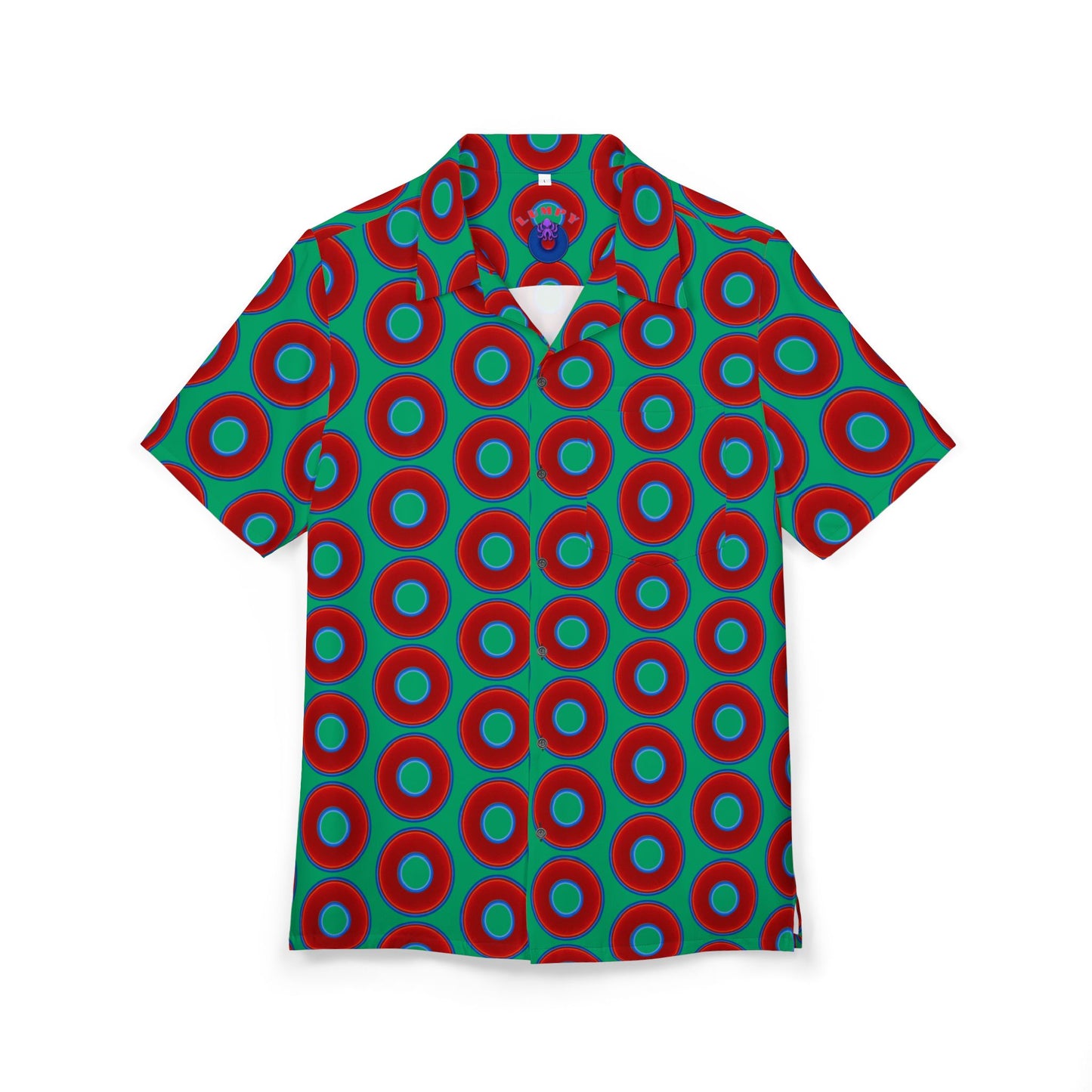 Wilson's 'Epic Hawaiian-Punch' Shirt - vivid red donut print w/jade green background [unisex]