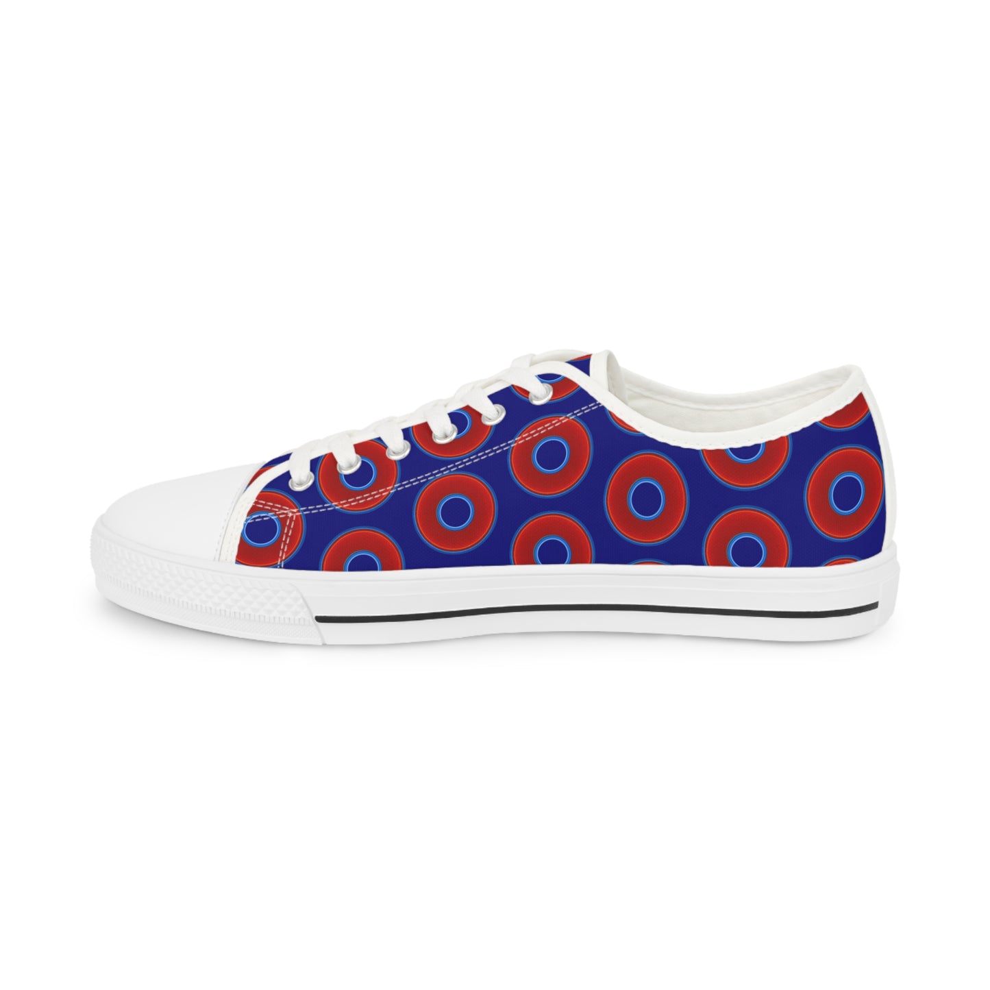 Men's - Low Top Chuck Taylors - large vivid red donut print w/vivid navy blue background