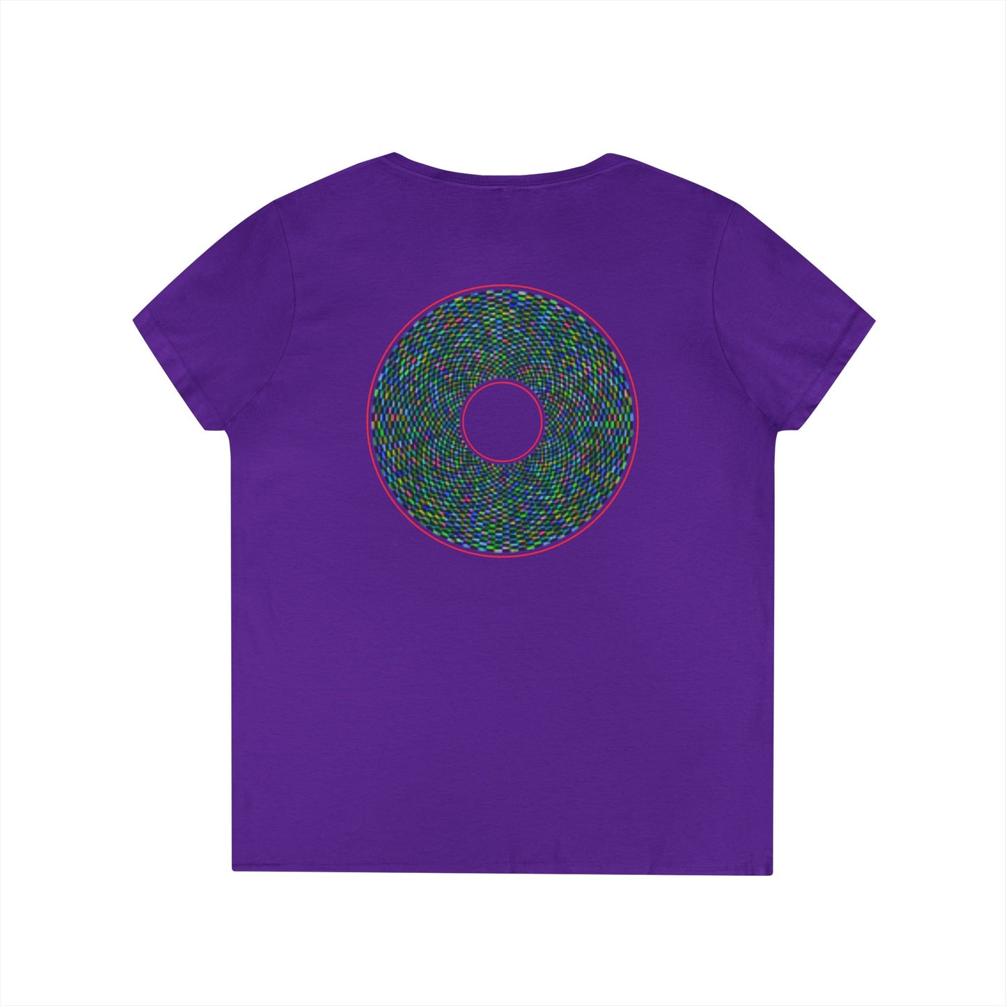 Women's Donut V-Neck Tee - "The Pixilated Donut" - multicolor pixel donut w/wide red outline