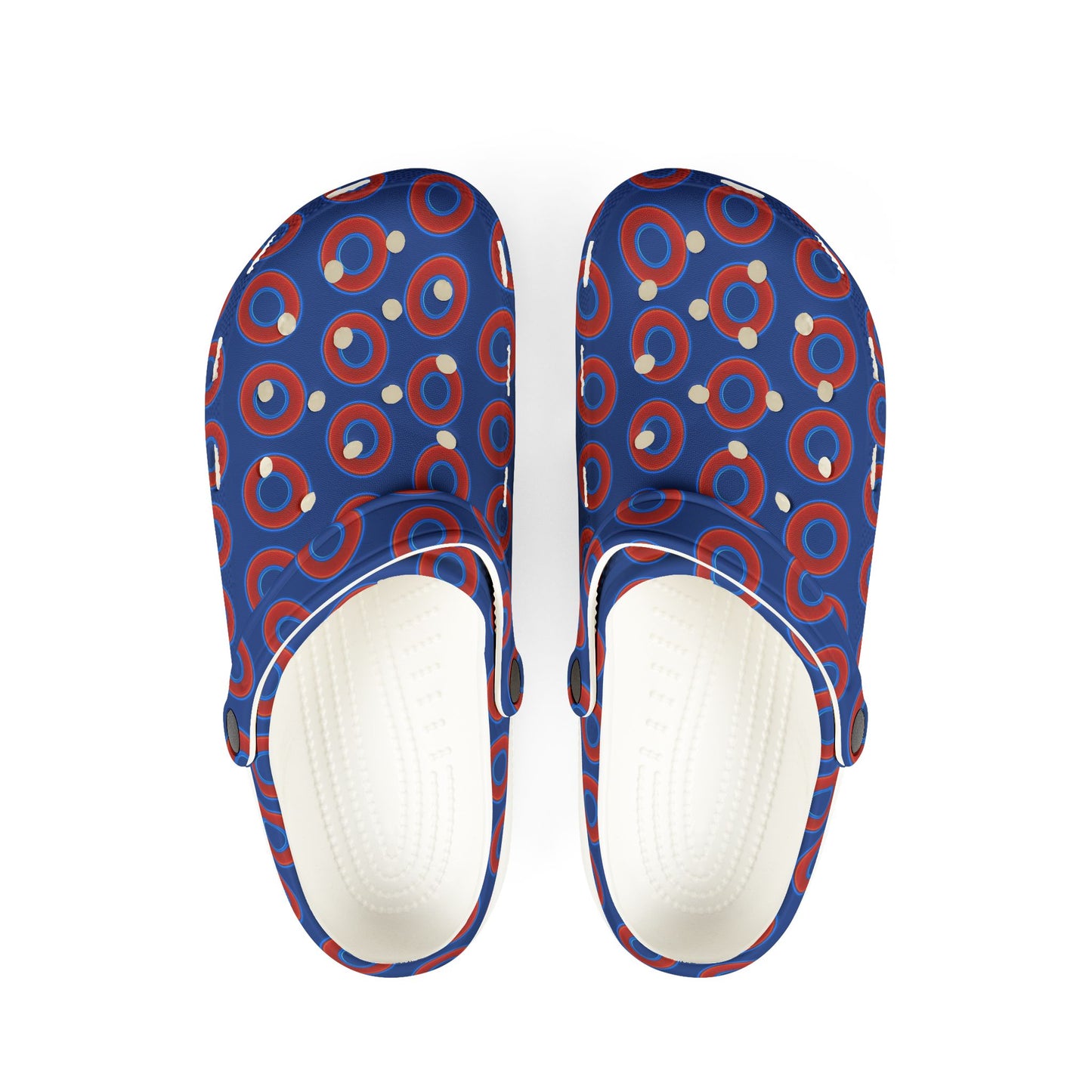 Spatchcocks - donut slip-on shoes - red rustic donuts w/dark blue background [unisex]