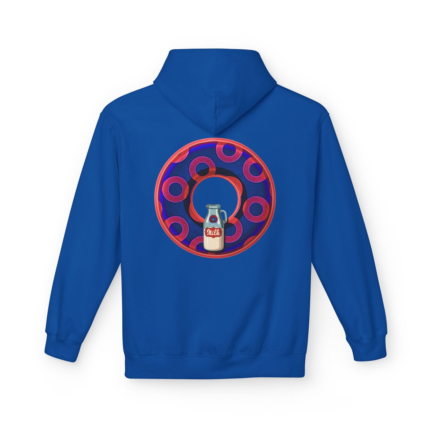 Fleece Harry Hoodies [Midweight Soft-style] - "Wooked Cream Dairy - YEMSG Donut" - electric blue/red rustic paradox donut - variant 2