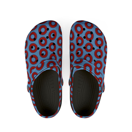 Spatchcocks - donut slip-on shoes - vivid red donuts w/light blue background [unisex]