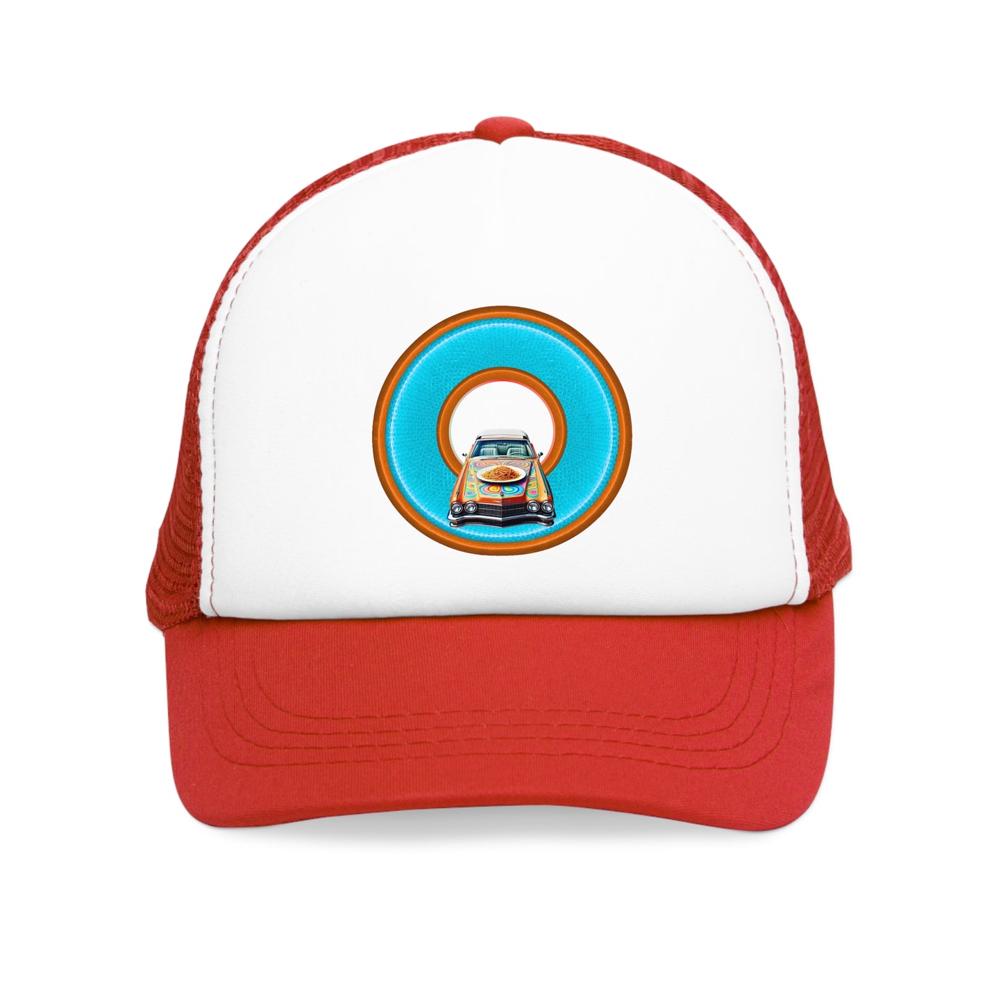 Lumpy Trucker Hat - "Cadillac Rainbows & Eating on the Run" - variant 3 - turquoise/orange donut