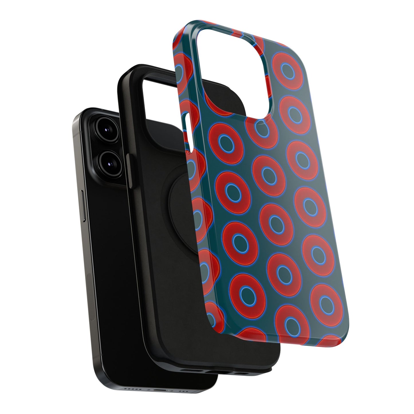 Impact-Resistant Lumpy Donut Case - red vivid donut print w/midnight green background