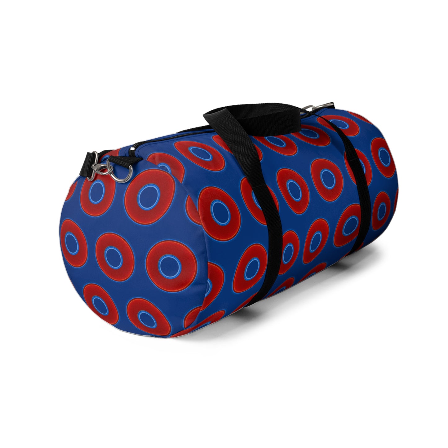Lumpy Duffel - vivid red donuts w/dark blue background