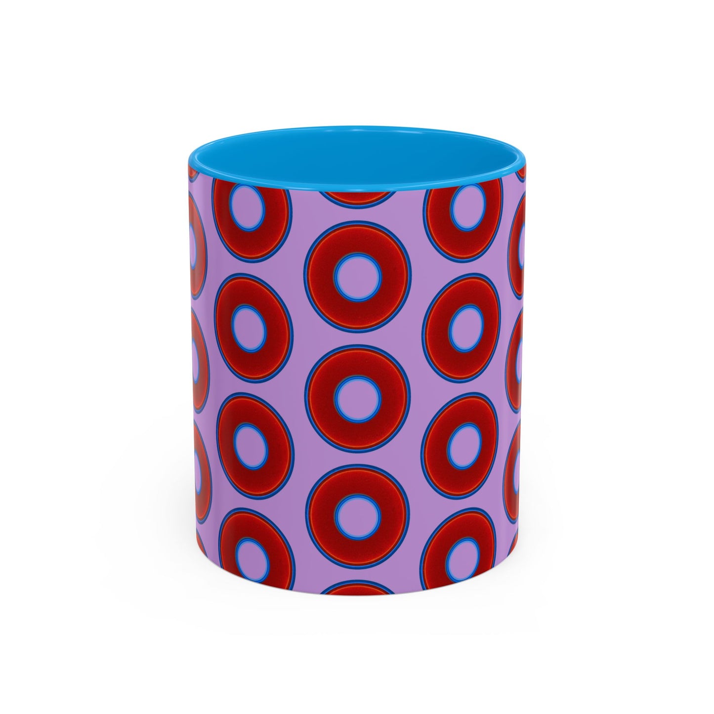 Lump's Grumpy Coffee Mug - vivid red donuts w/wisteria purple background