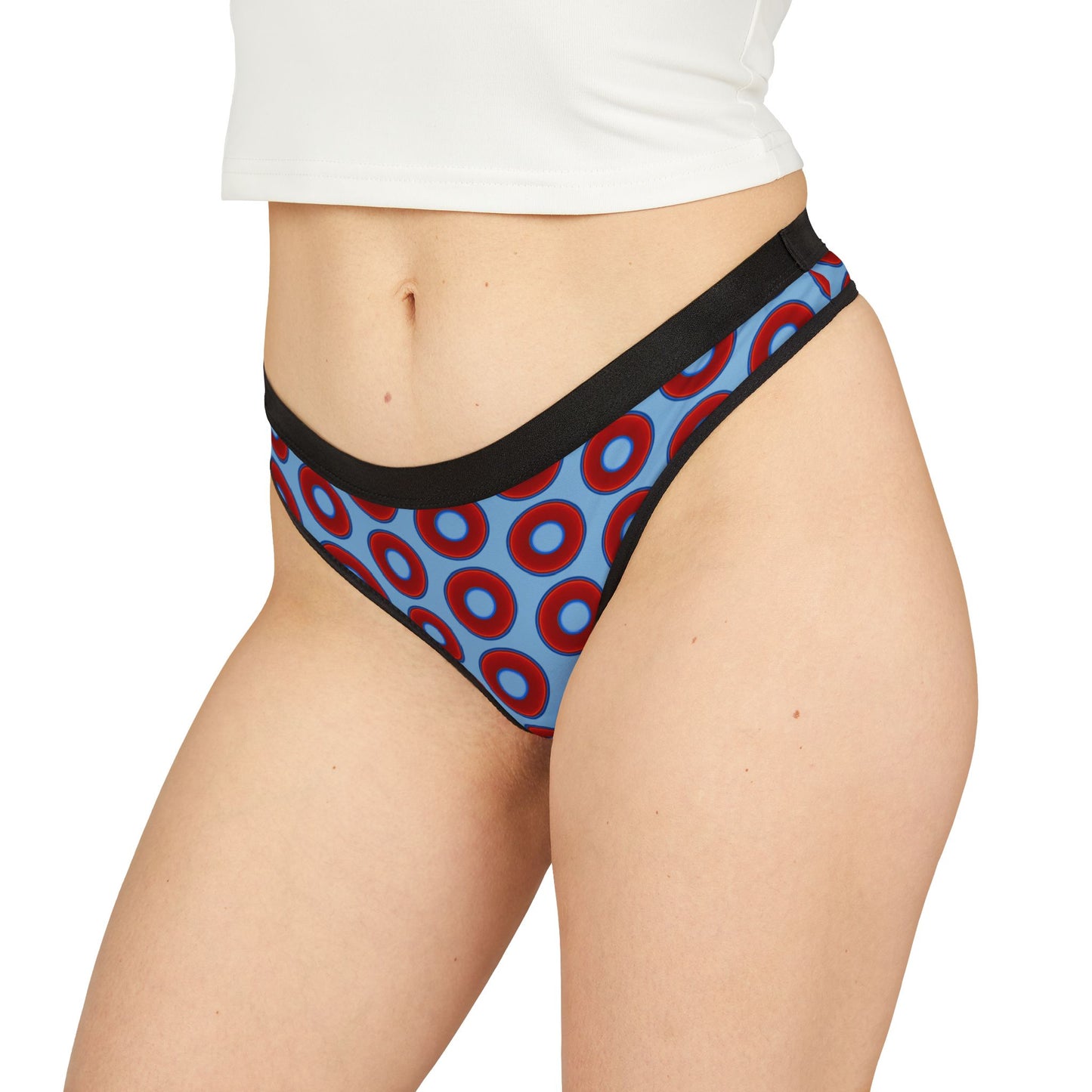Lumpy Donut Thongs - red vivid donut print w/sky blue background