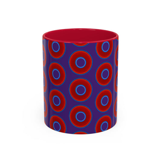 Lump's Grumpy Coffee Mug - vivid red donuts w/purple background