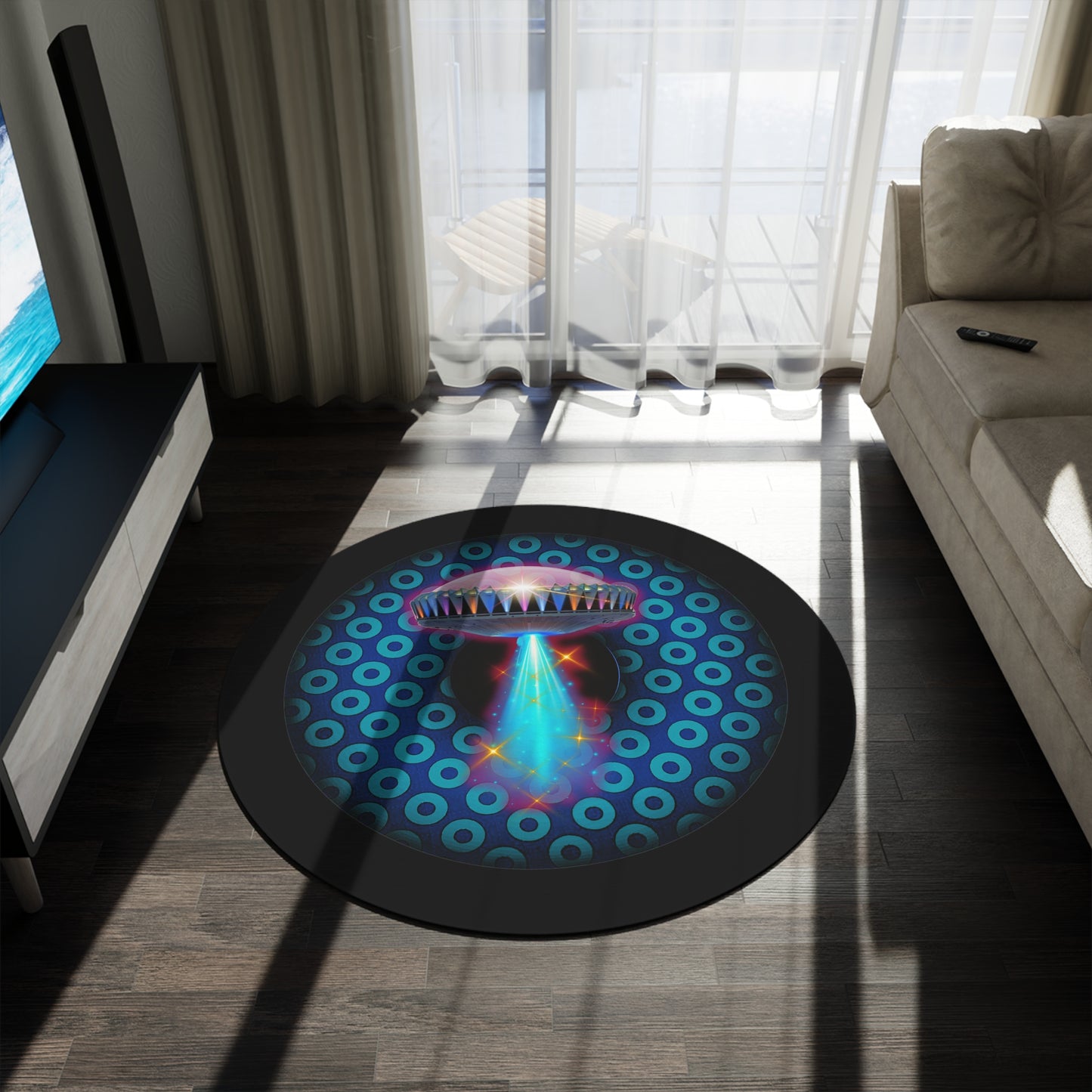 Round Room - 5 ft x 5 ft Lumpy Donut Rug - "They Have Donut Rugs On The Mothership Now" - paradoxical dark blue/teal donut w/black background - variant 5