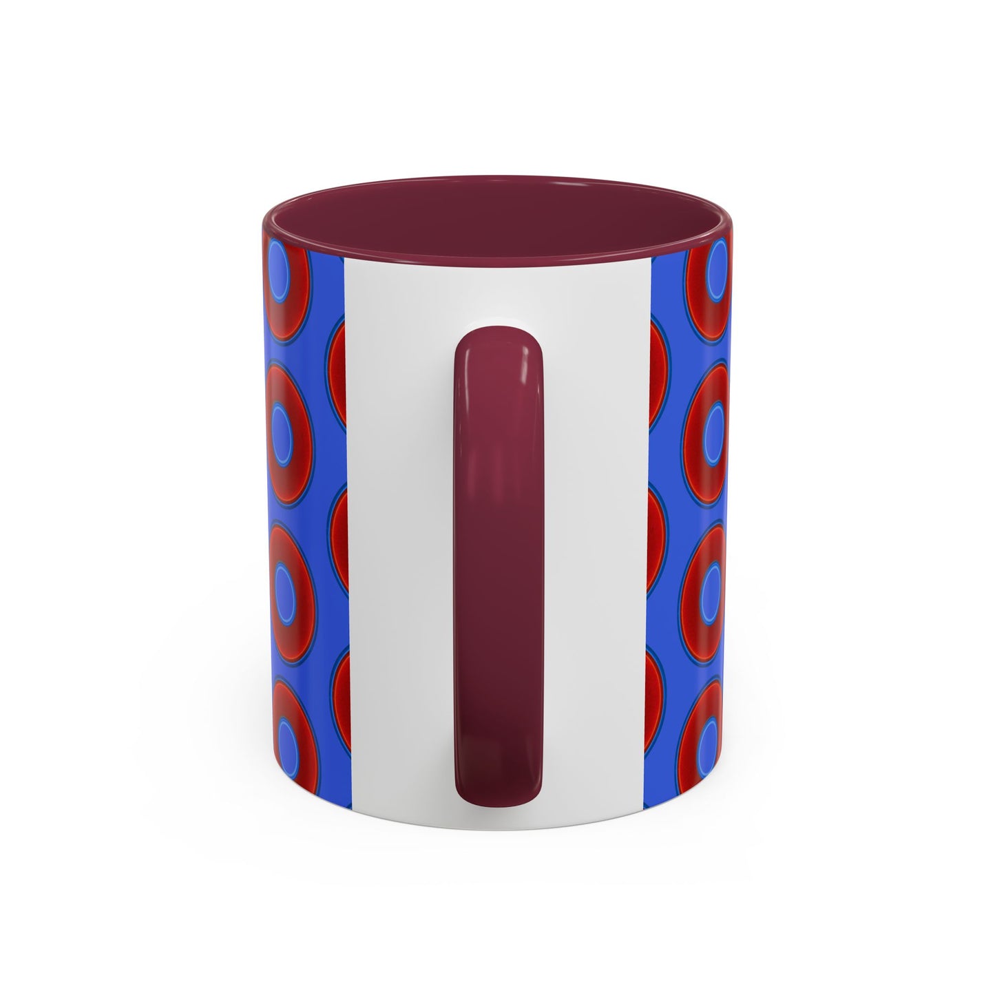 Lump's Grumpy Coffee Mug - vivid red donuts w/royal blue background