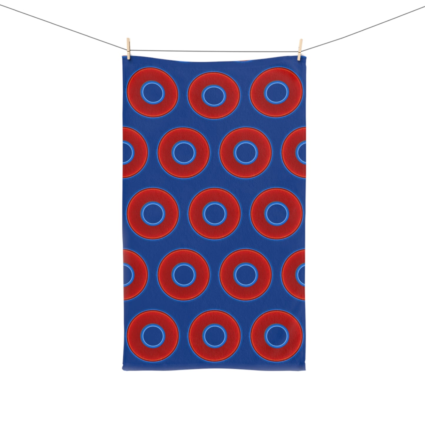 Lumpy Kitchen/Hand Towels - vivid red donuts w/dark blue background