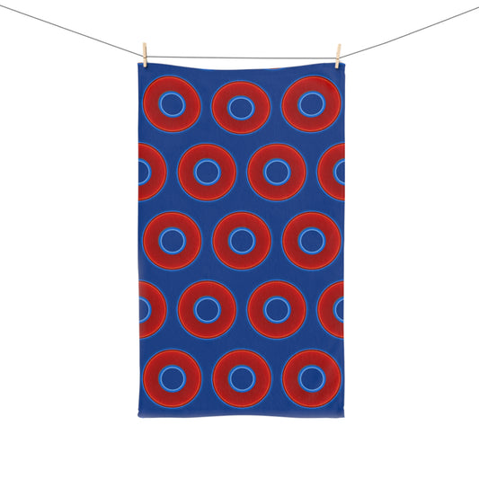 Lumpy Kitchen/Hand Towels - vivid red donuts w/dark blue background