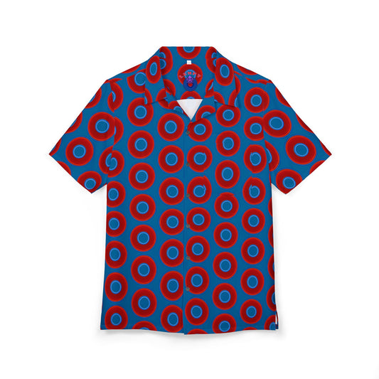 Wilson's 'Epic Hawaiian-Punch' Shirt - vivid red donut print w/wavy navy blue background [unisex]
