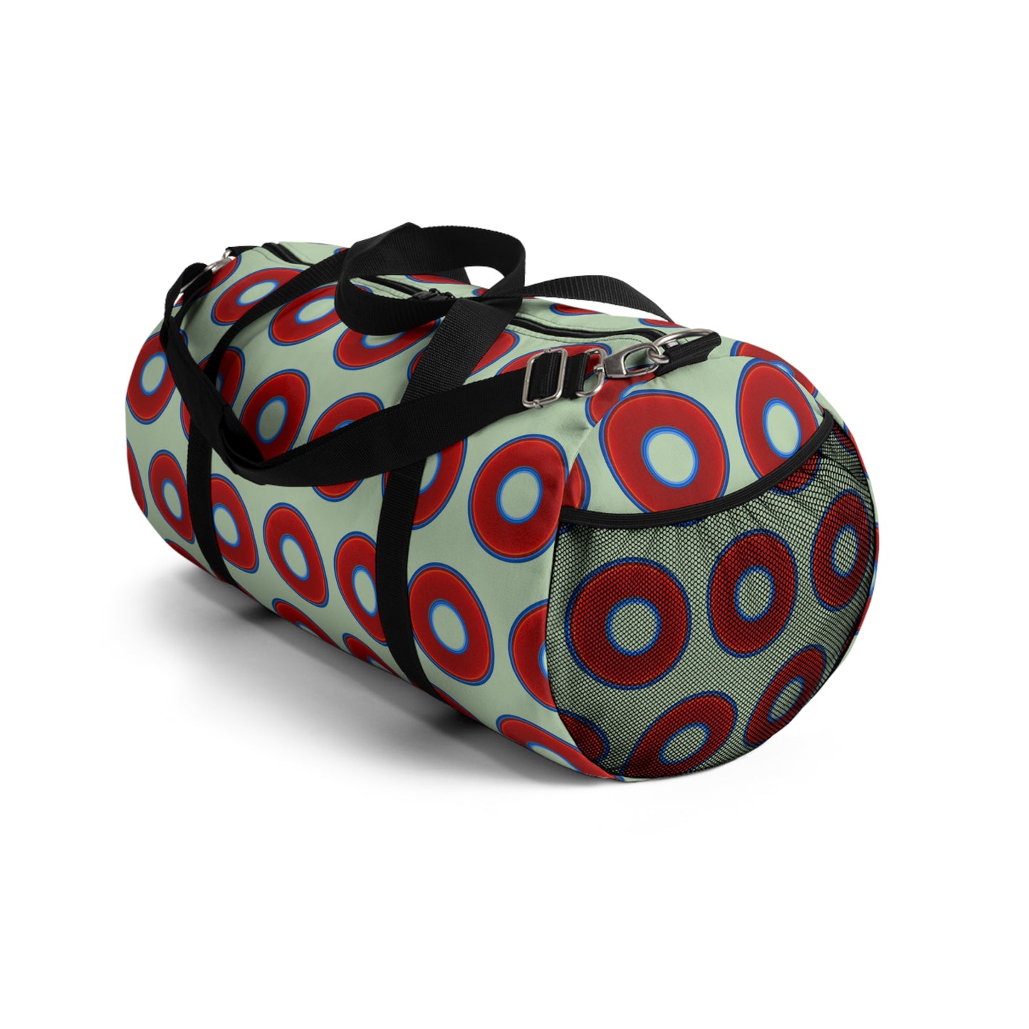 Lumpy Duffel - vivid red donuts w/seafoam background