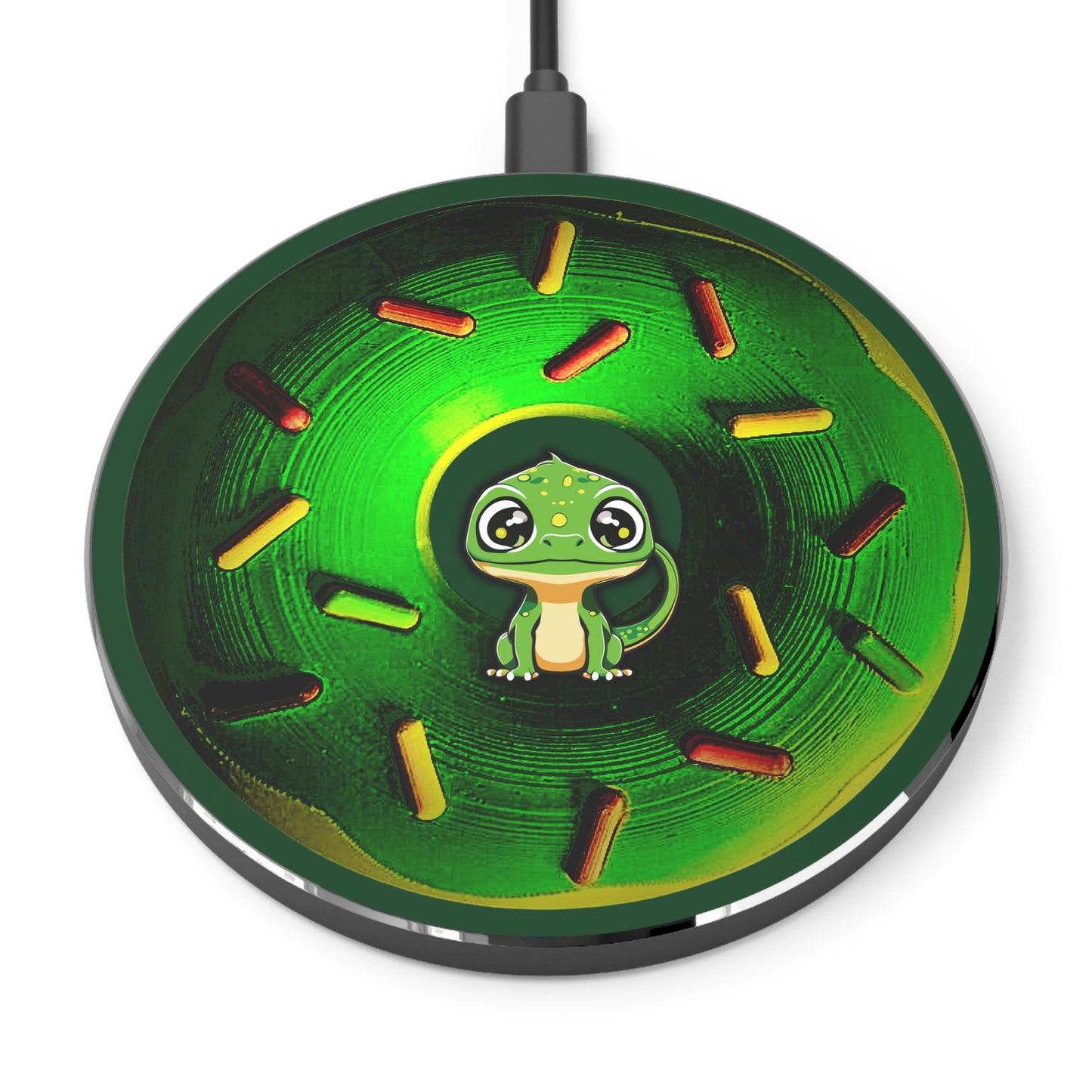 The Flow - Wireless Lumpy Donut Chargers - "Little Baby Rutherford's Donut Charger" - Simpsons-style donut w/sprinkles & pond green background