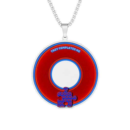 Lump's Heady Donut Necklace - 1" x 1" Stainless Steel Pendant - "Trey's Complete Donut Pendant" - vivid red/blue donut w/puzzle piece