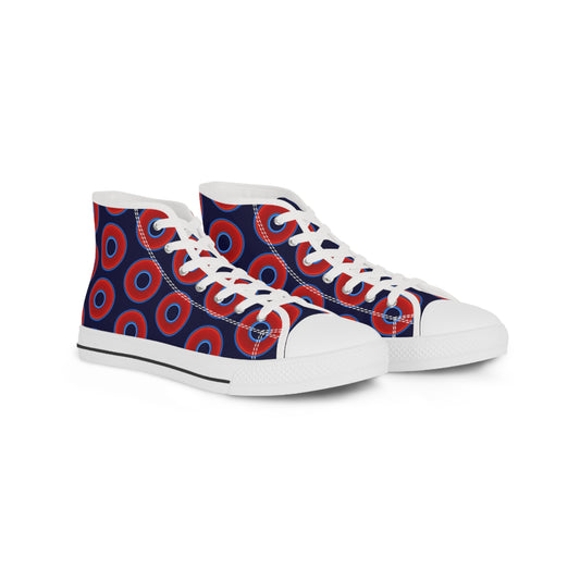 Men's High Top Chucks - large vivid red donut print w/midnight blue background