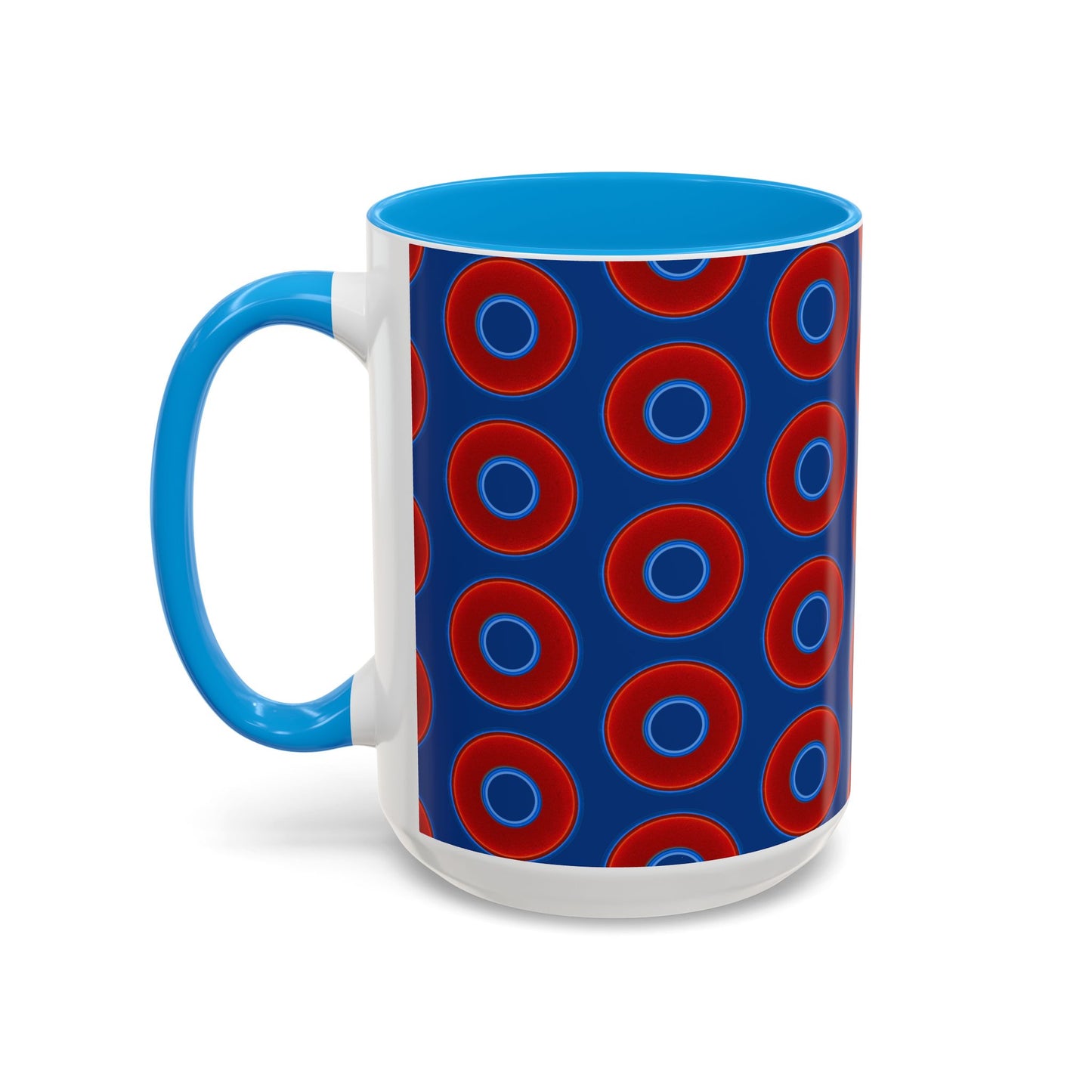 Lump's Grumpy Coffee Mug - vivid red donuts w/dark blue background