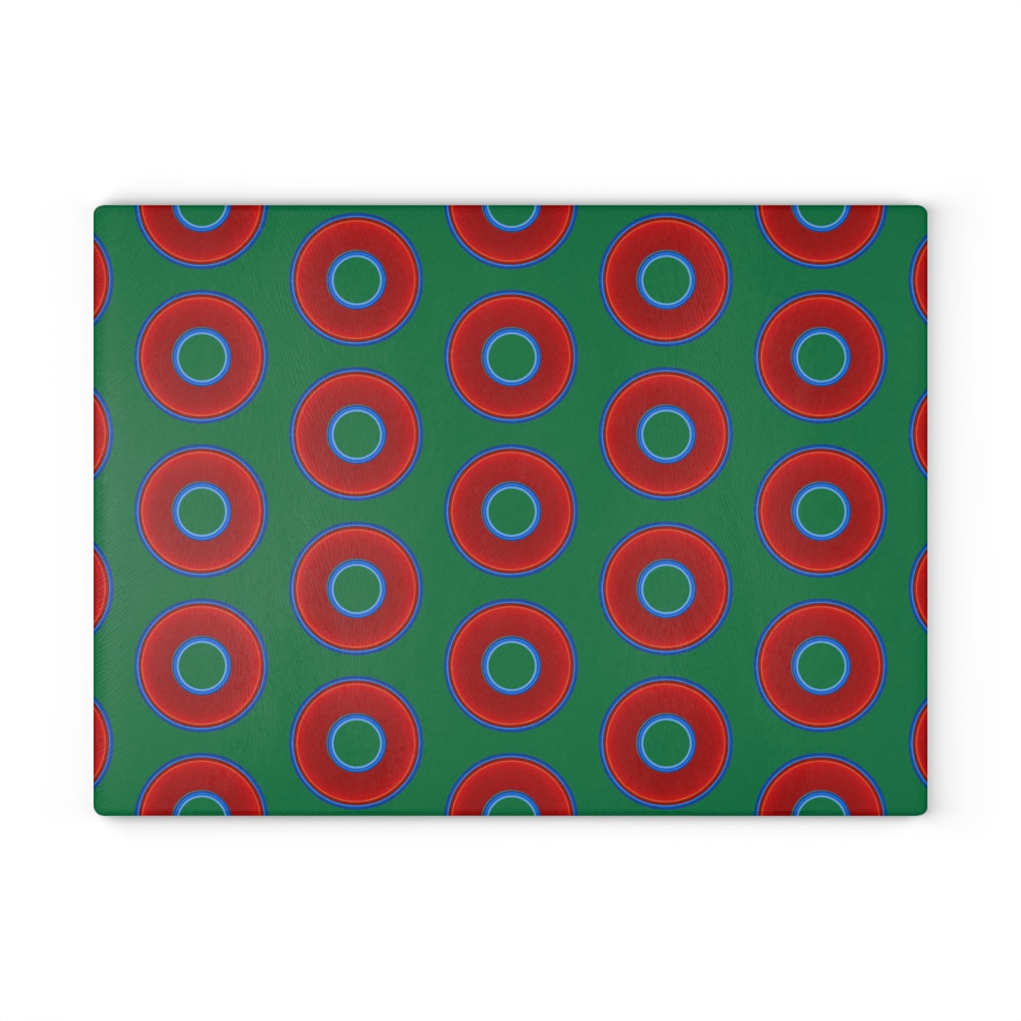 My Friend's Cutting Board - vivid red donuts w/green background