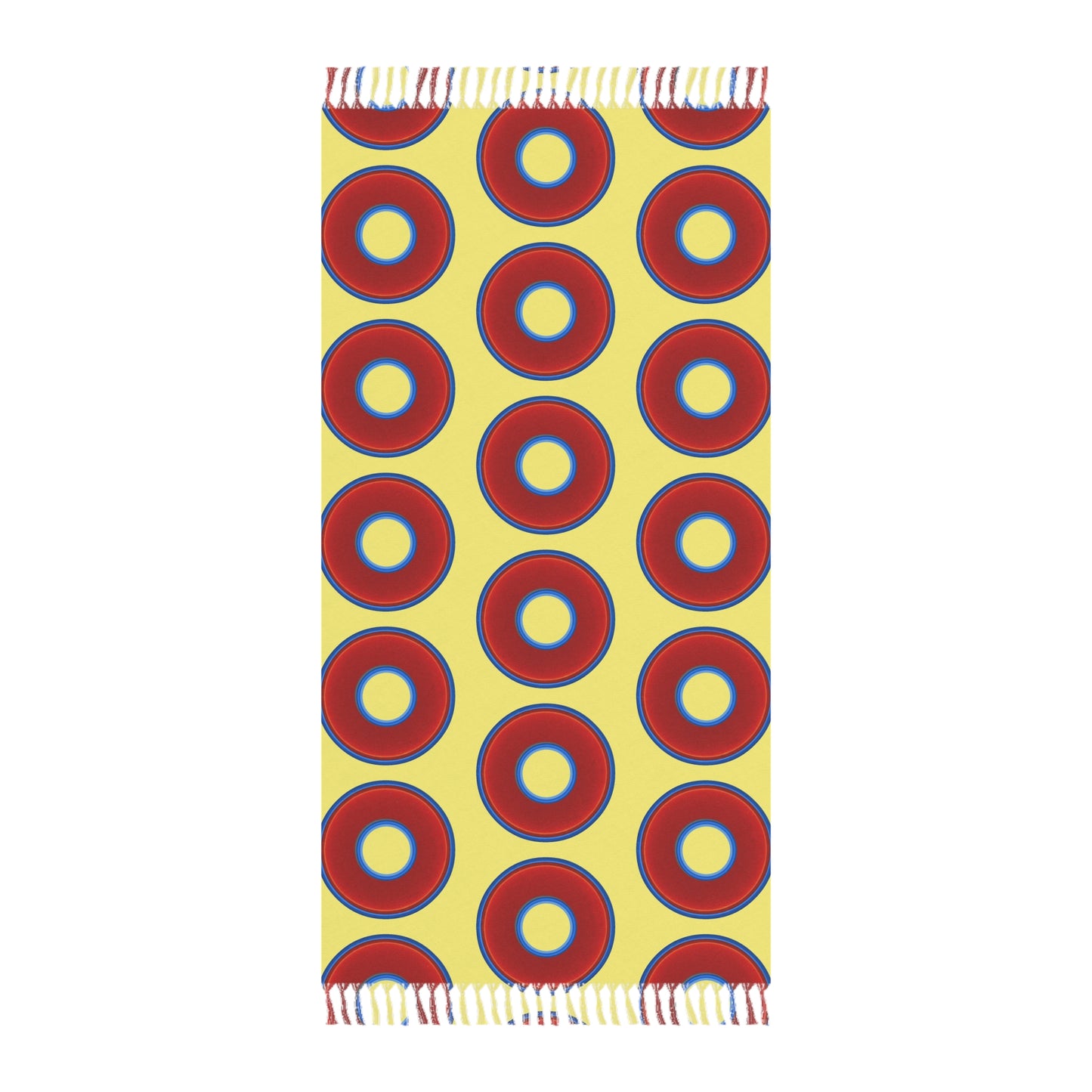 Oversized Lumpy Beach Towel - vivid red donuts w/yellow background