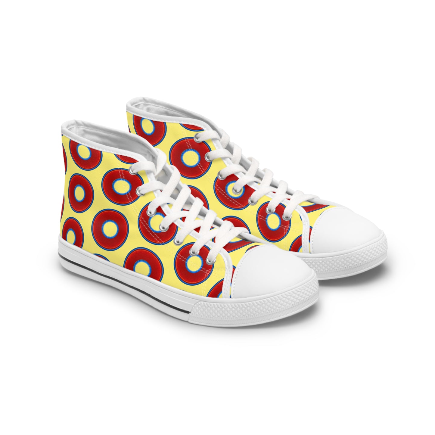 Women's High Top Chuck Taylors - large vivid red donut print w/yellow background