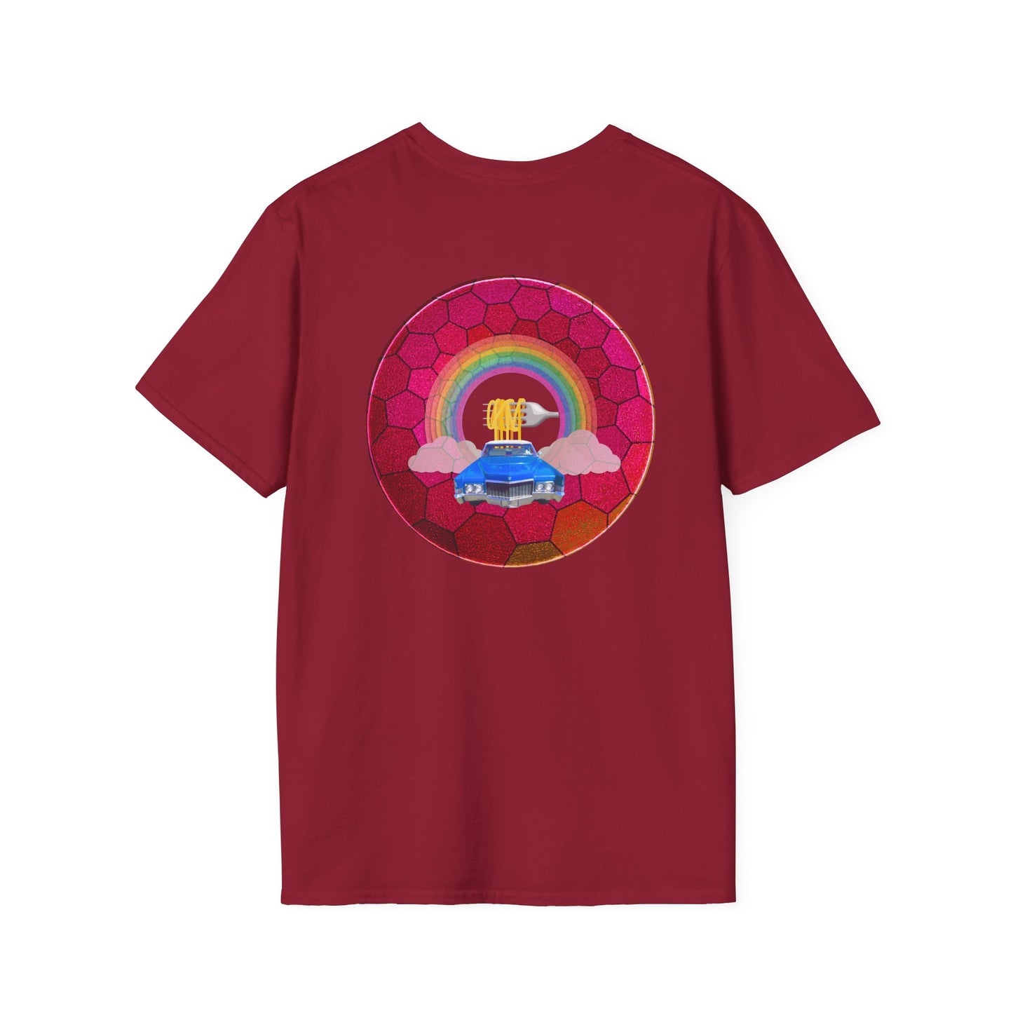 Classic Donut Tee - Unisex Soft-Style - "Cadillac Rainbows Donut Tee " - variant 2 - magenta hexadonut w/blue caddy