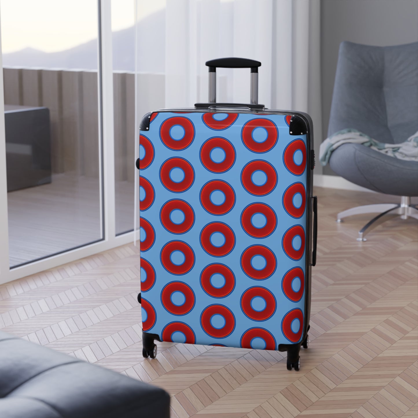 The Very Lumpy Donut Suitcase series - your choice of S, M or L - vivid red donut print w/light blue background