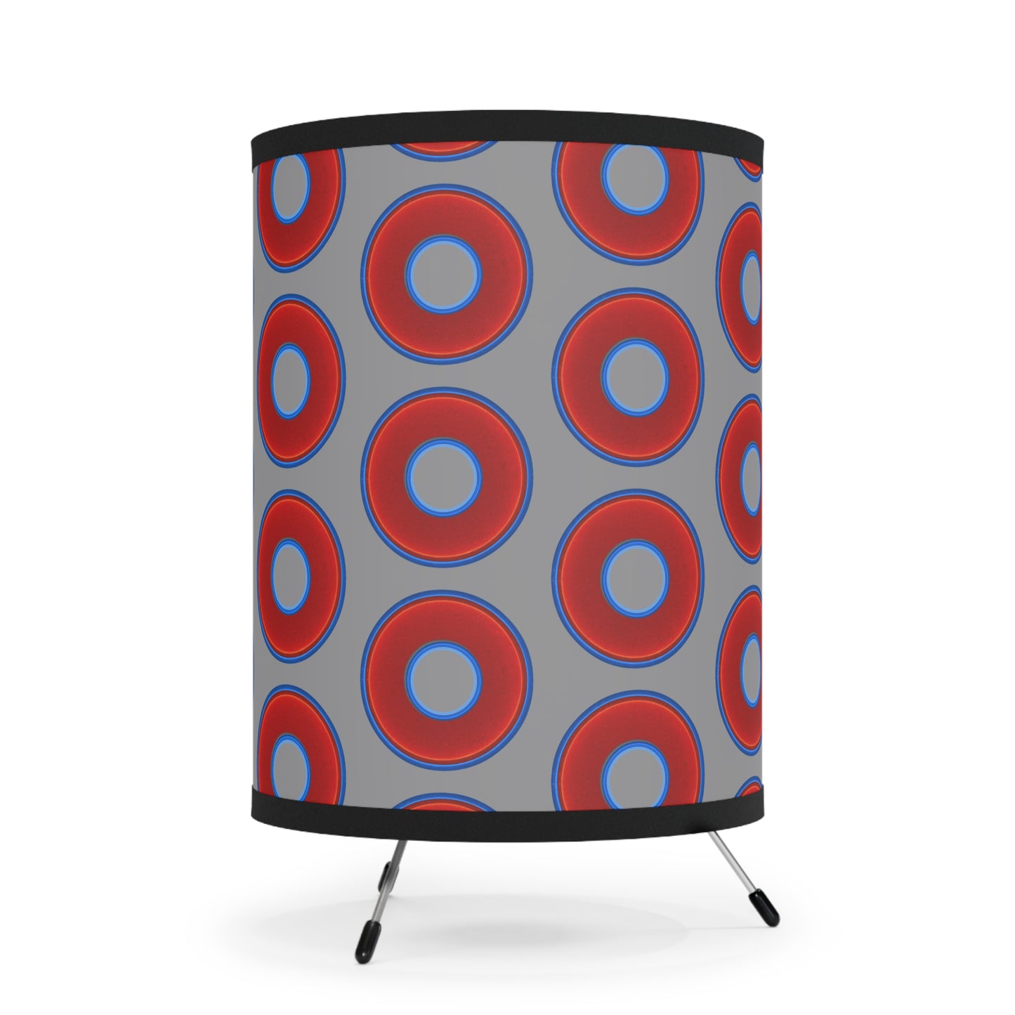 Lumpy Tripod Donut Lamp - vivid red donuts w/gray background