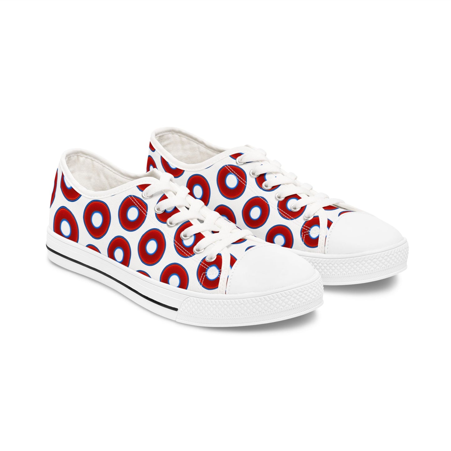 Women's - Low Top Chuck Taylors - large vivid red donut print w/white background