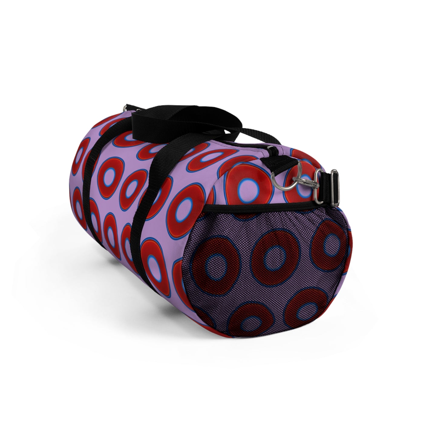 Lumpy Duffel - vivid red donuts w/wisteria purple background