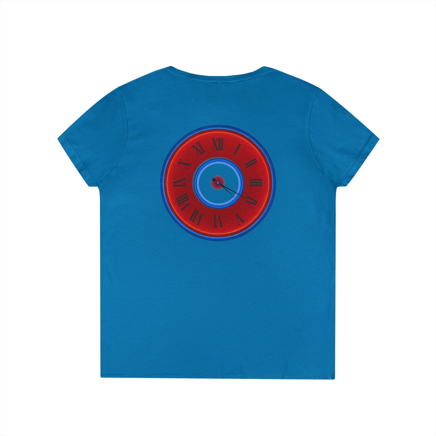 Women's Donut V-Neck Tee - "Time Treasurer's Donut Tee" - vivid red donut w/clock face