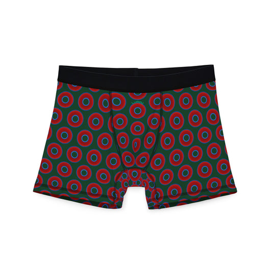 Men's Donut Boxers - red vivid donuts w/deep forest green background