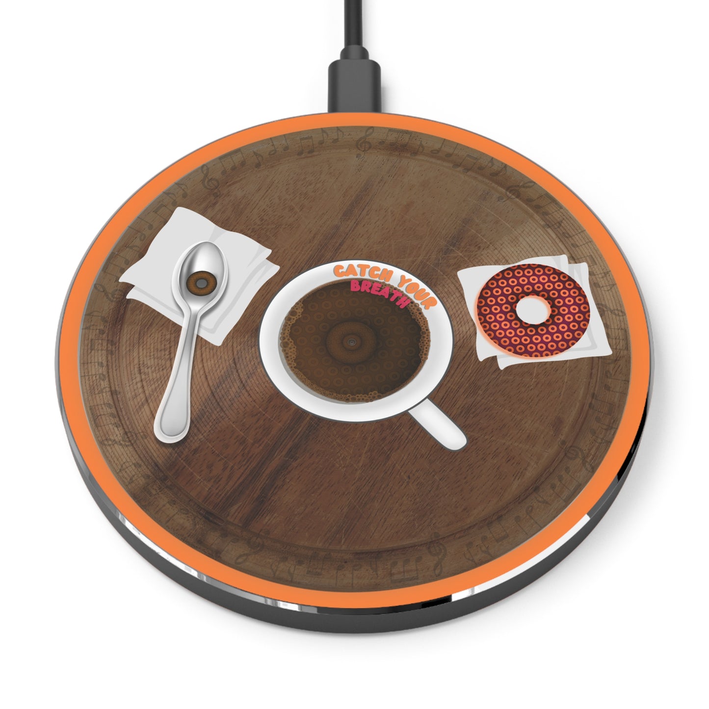 The Flow - Wireless Lumpy Donut Chargers - "Recharging via Coffee & Donuts" - wooden donut w/orange background