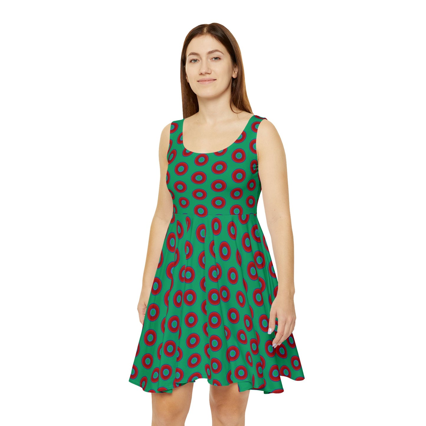 Women's Skater Donut Dress - vivid red donut print w/jade green background