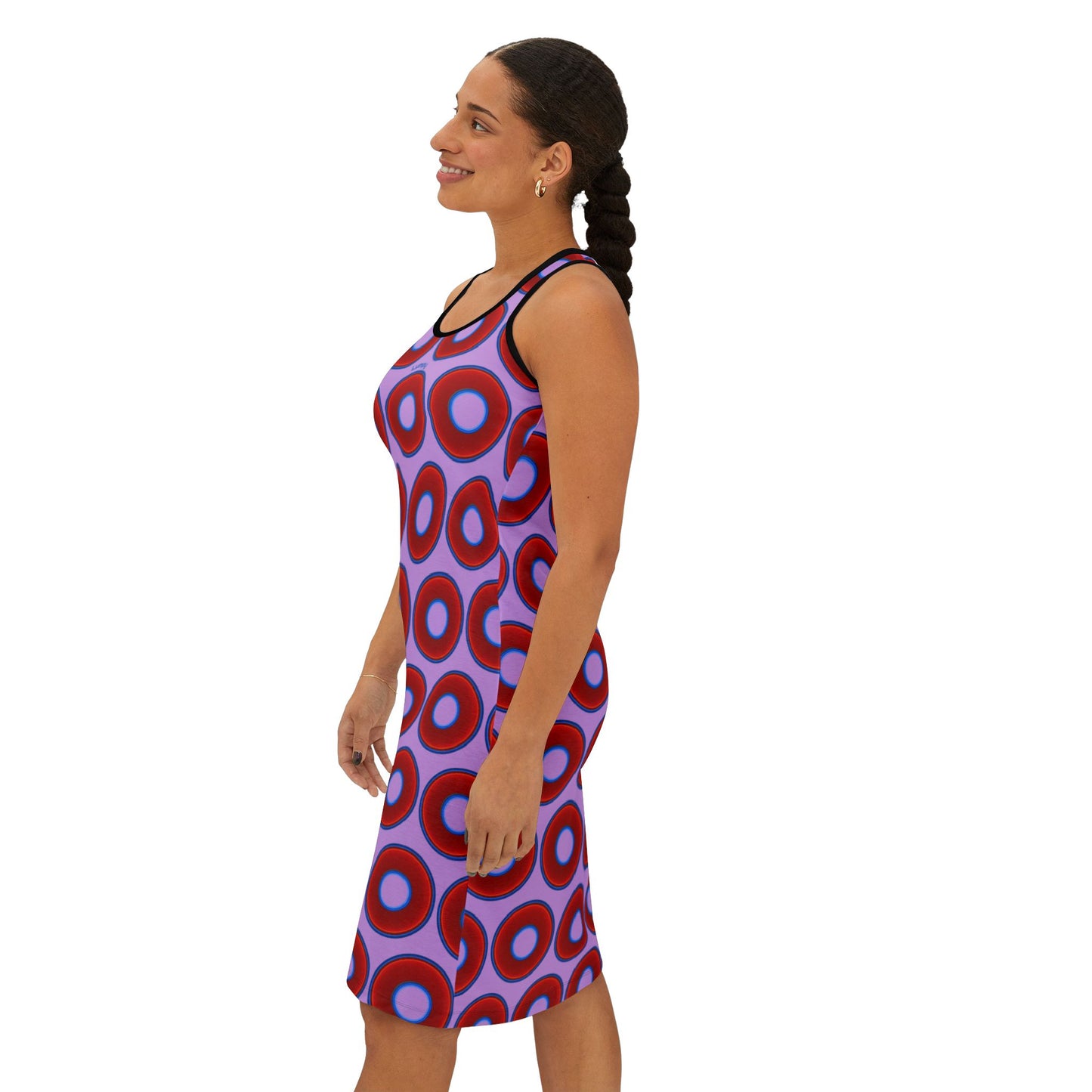 Tela's Lumpy Racerback Donut Dress - red vivid donut print w/wisteria purple background