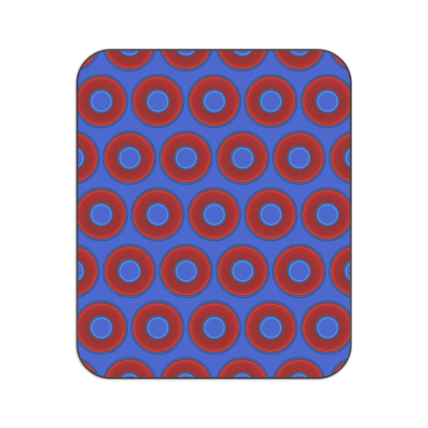 The Lumpy Party Blanket - giant water-resistant outdoor blanket [61" x 51"] - vivid red donuts w/royal blue background