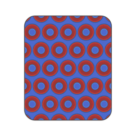 The Lumpy Party Blanket - giant water-resistant outdoor blanket [61" x 51"] - vivid red donuts w/royal blue background
