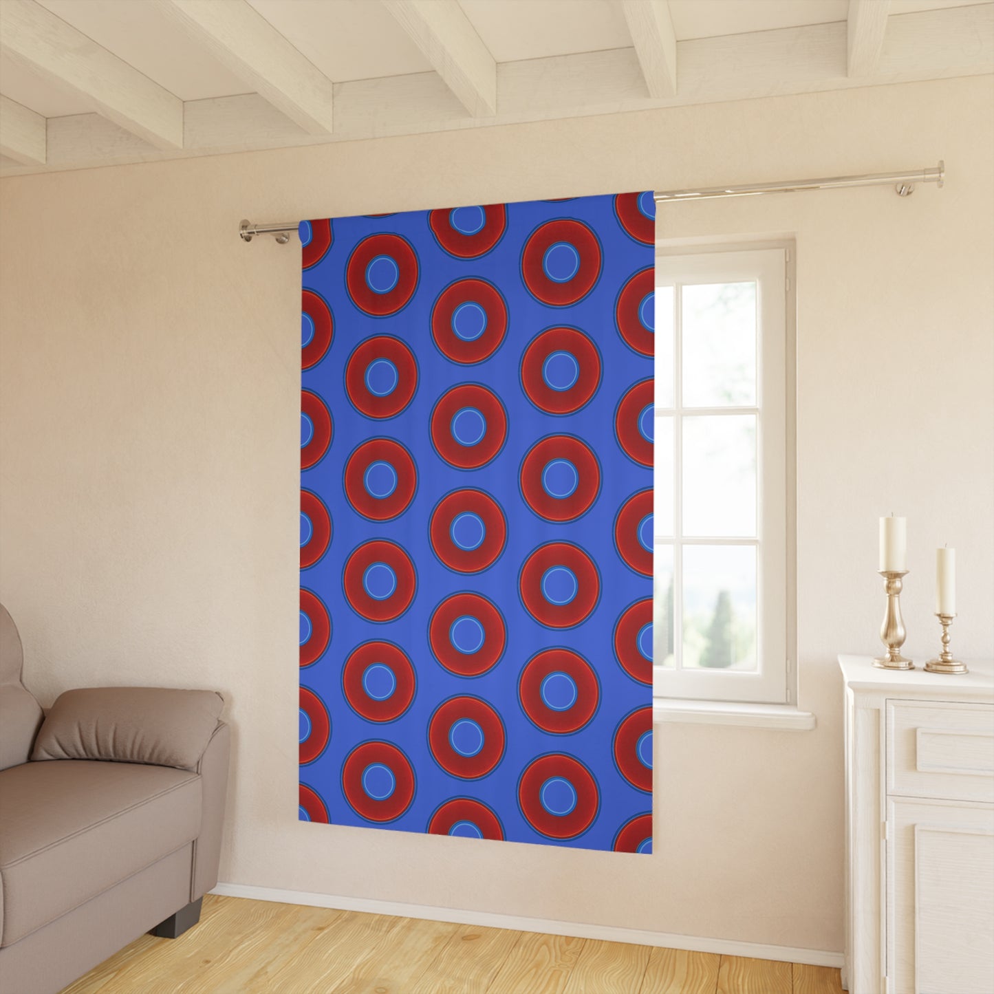 Lump's Heady Curtain w/Donuts - vivid red donut print - w/royal blue background - [*1 Piece / 50" x 84"]