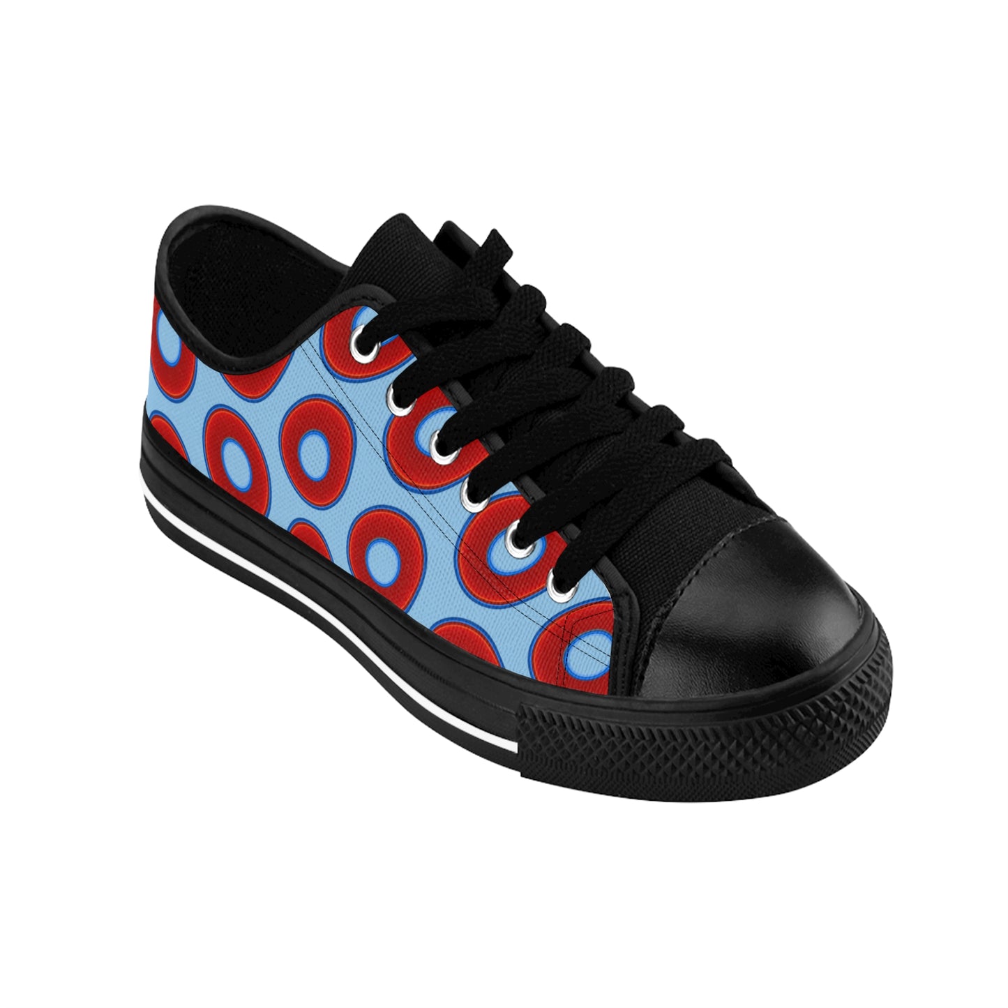 Women's Cushiony Convectors - Low Top - large red vivid donut print w/sky blue background