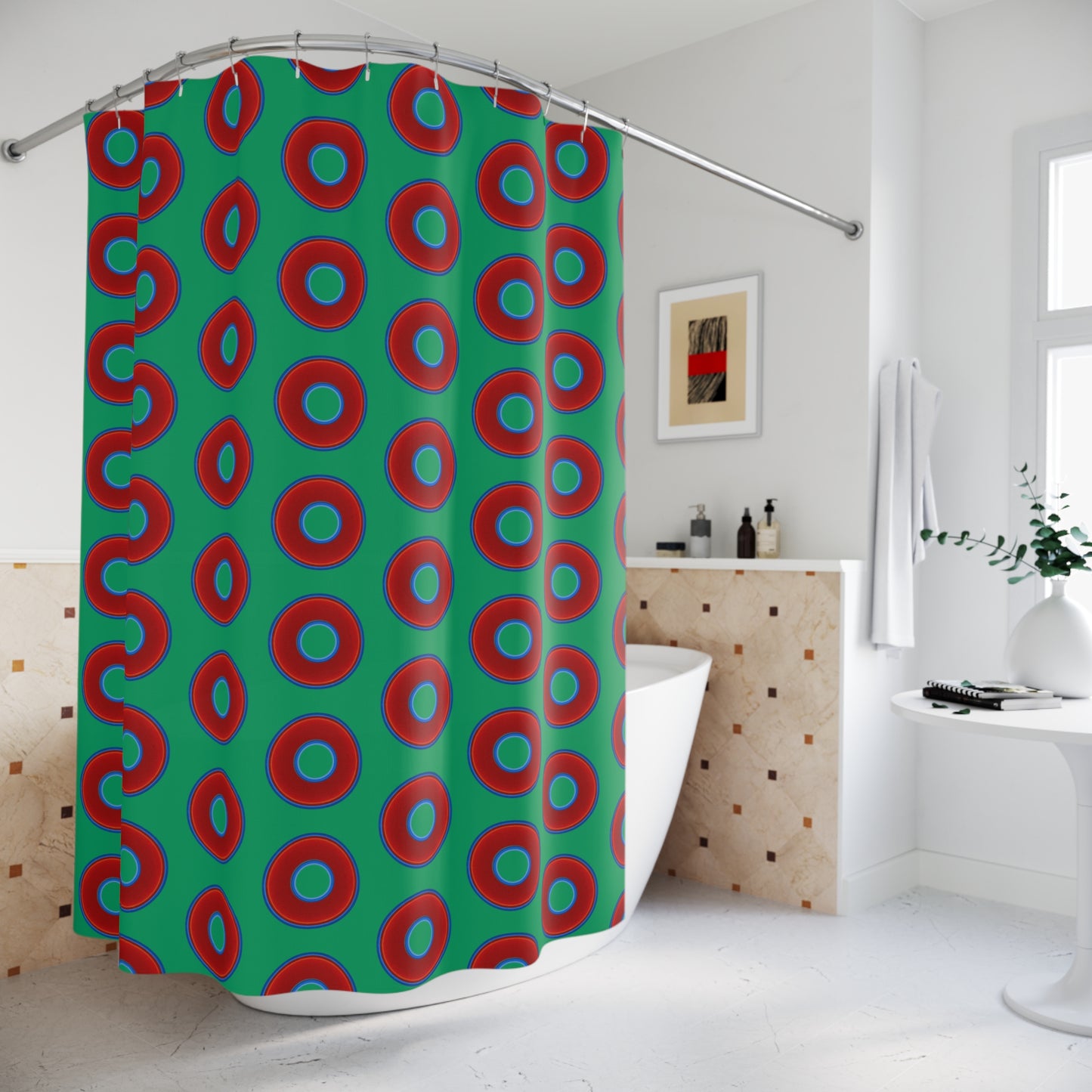 The Curtain With "Donuts" - Lumpy Bath Time Fun - vivid red donuts w/jade green background