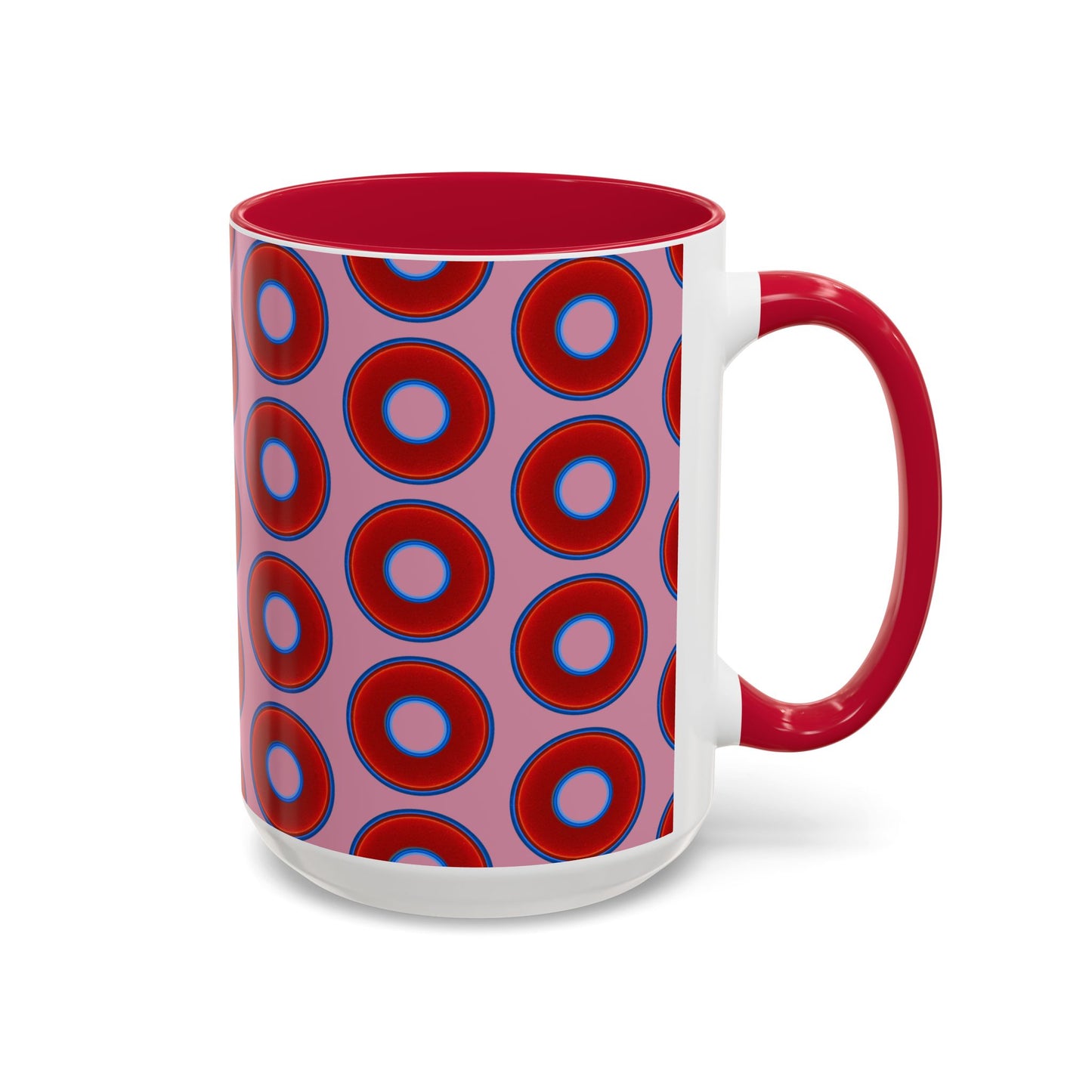 Lump's Grumpy Coffee Mug - vivid red donuts w/pink background